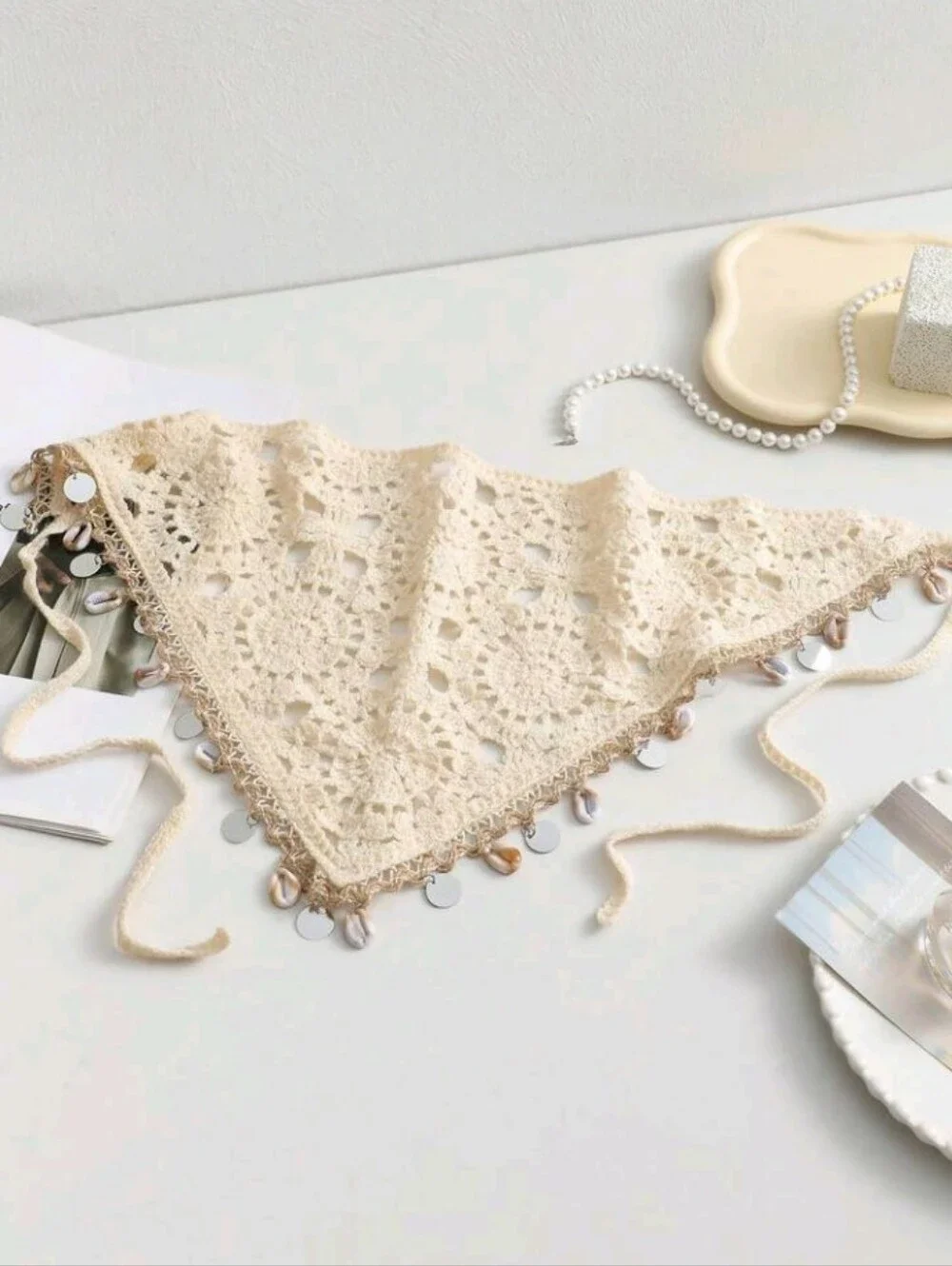 Boho Cream Crochet Bandana Shell Silver Accent Scarf Summer Festive Beach